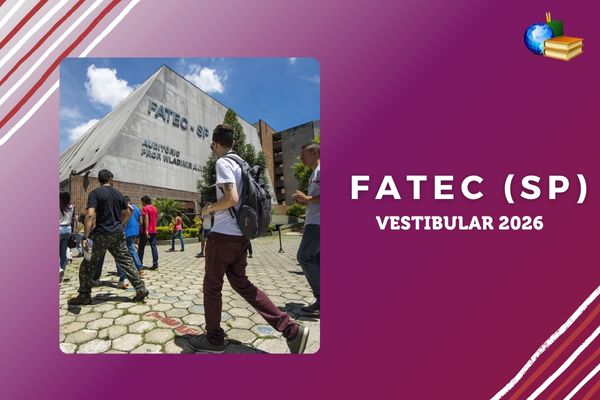 Fundo rosa e roxo, foto de estudantes em campus da Fatec, texto Fatec (SP) Vestibular 2026